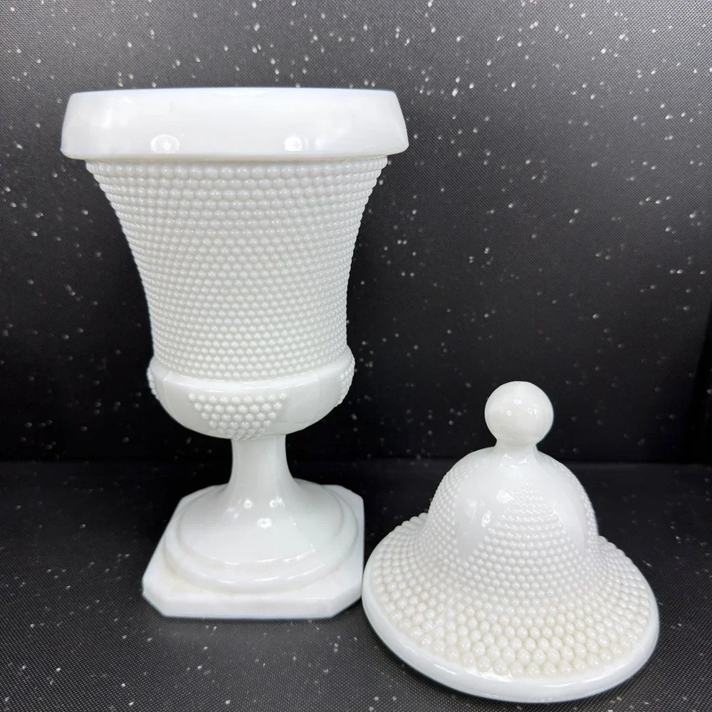 LE Smith White Milk Glass Hobnail Apothecary Jar Urn with Lid 10.5inch Vintage